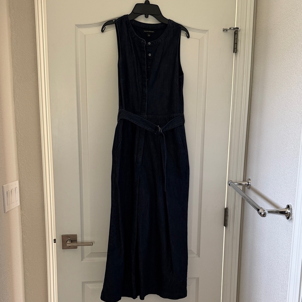 Sleeveless Denim Wide Leg Pantsuit with Belt